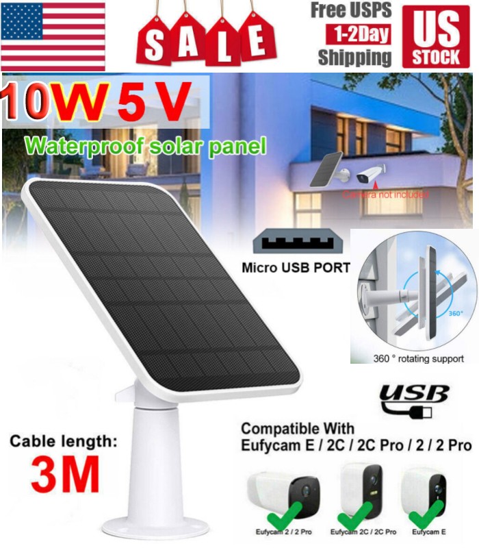 10W Solar Panel fr Eufy Cam Eufycam E/2C/E/2 Pro CCTV IP Camera Micro USB Type-C