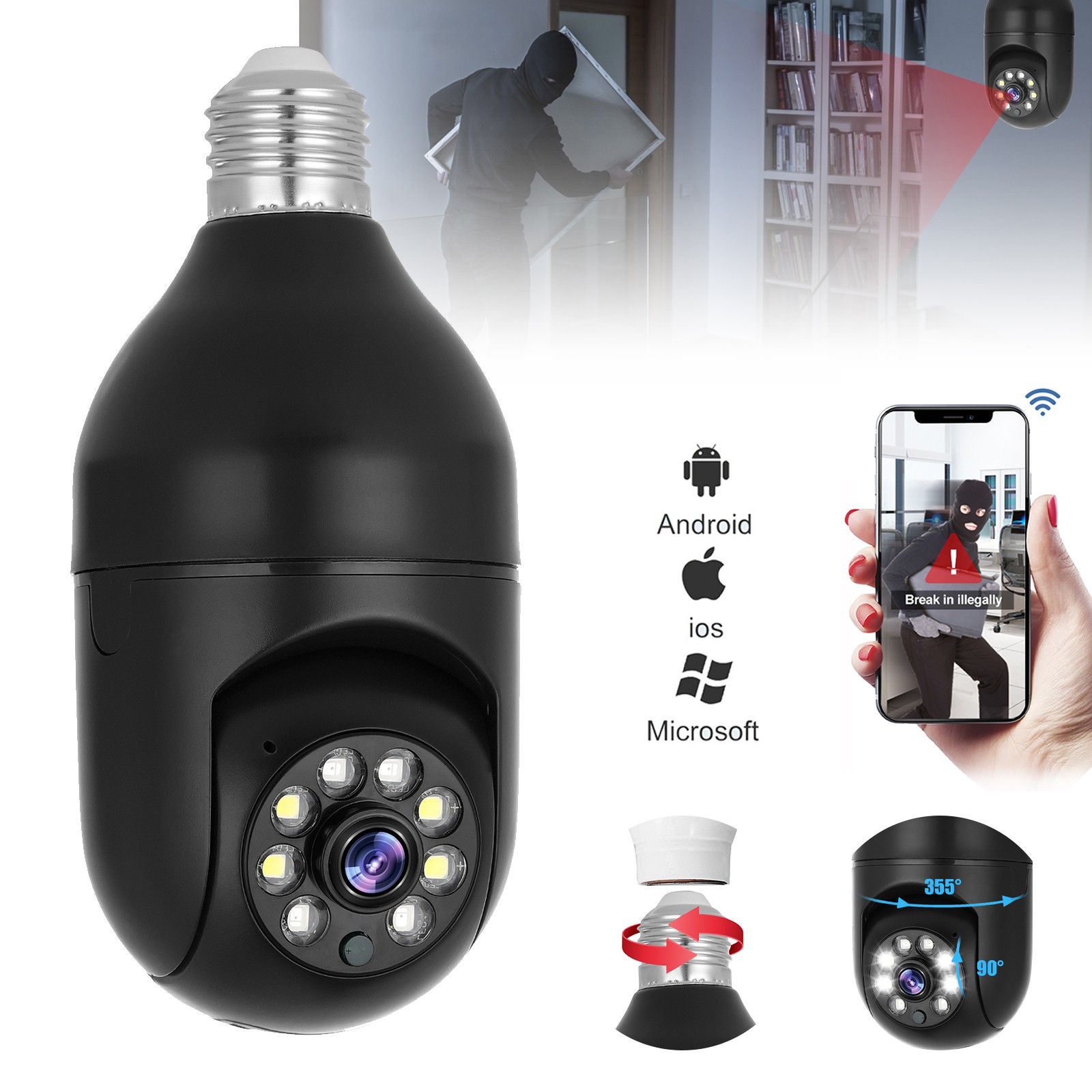 360° Panoramic Wi-Fi IP Camera 1080P Wireless E27 Light Bulb HD Security Camera