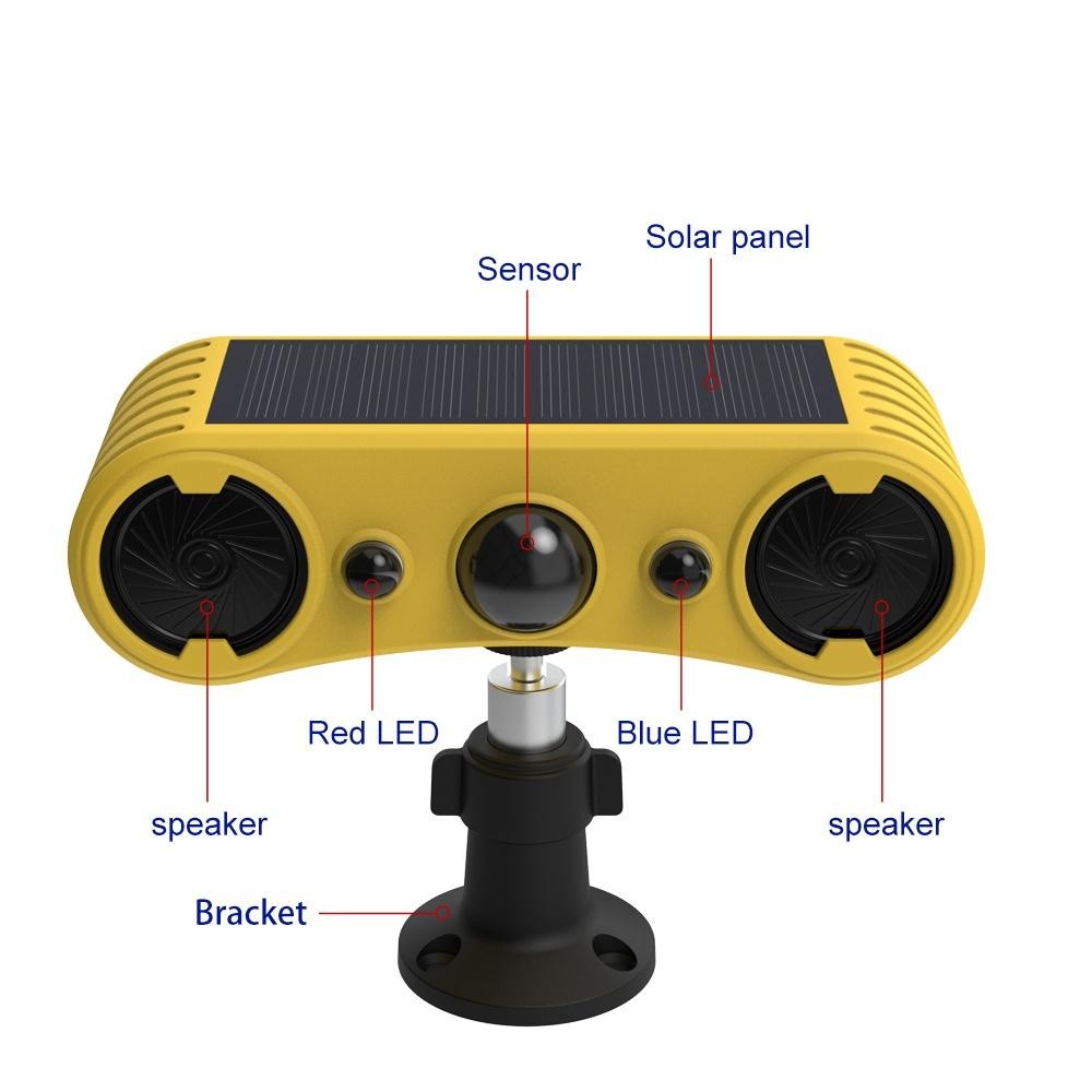 Solar Outdoor Motion Sensor Alarm 2*130db Ultrasonic Siren with 4 Modes Flashing