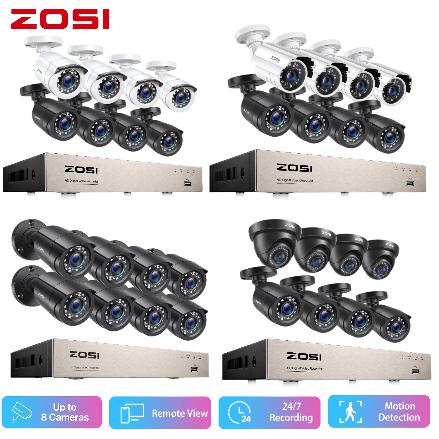 ZOSI 8CH H.265+ 5MP Lite DVR 2MP CCTV Home Security Camera System IR Night IP66