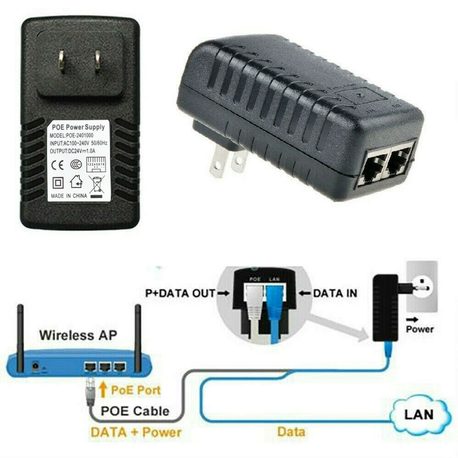 24V 1A Wall Plug POE Injector Ethernet Adapter IP Phone/Camera Power Supply US