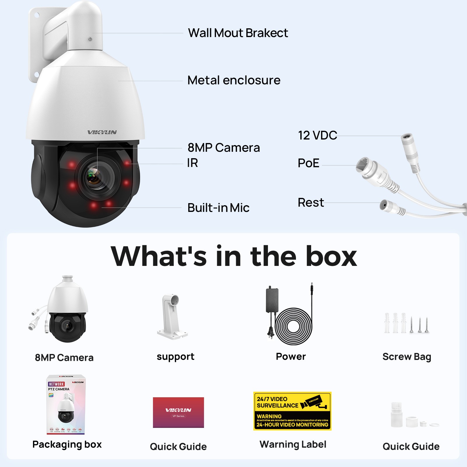 Vikylin 4K 8MP 25X PTZ 360 degree POE IP Camera Outdoor IR Audio Auto Tracking