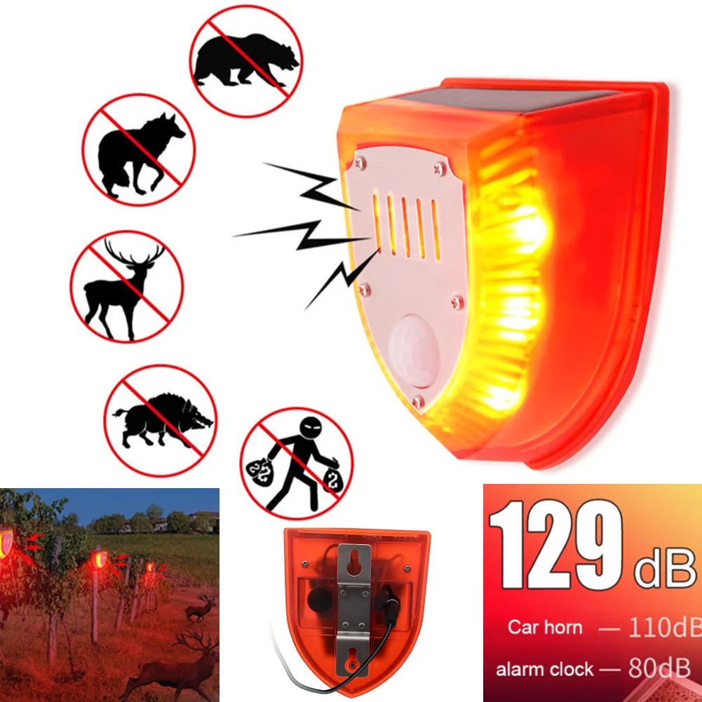 Solar Outdoor Motion Sensor Alarm-129db Dog Barking & Gunshot Sound USB Charge