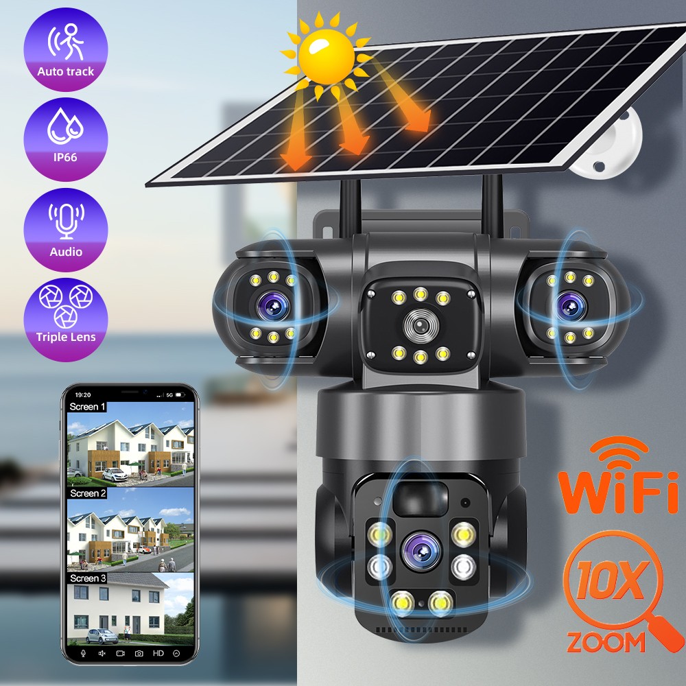 4K Solar Security Camera Wireless Outdoor 3-Lens 360° PTZ WiFi Night Vision Cam