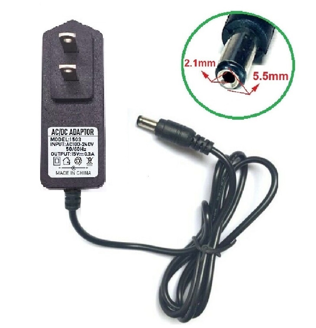 Tested 15V 0.3A AC/DC Adapter Power Supply Charger with 5.5×2.1mm +2 Plug Tips