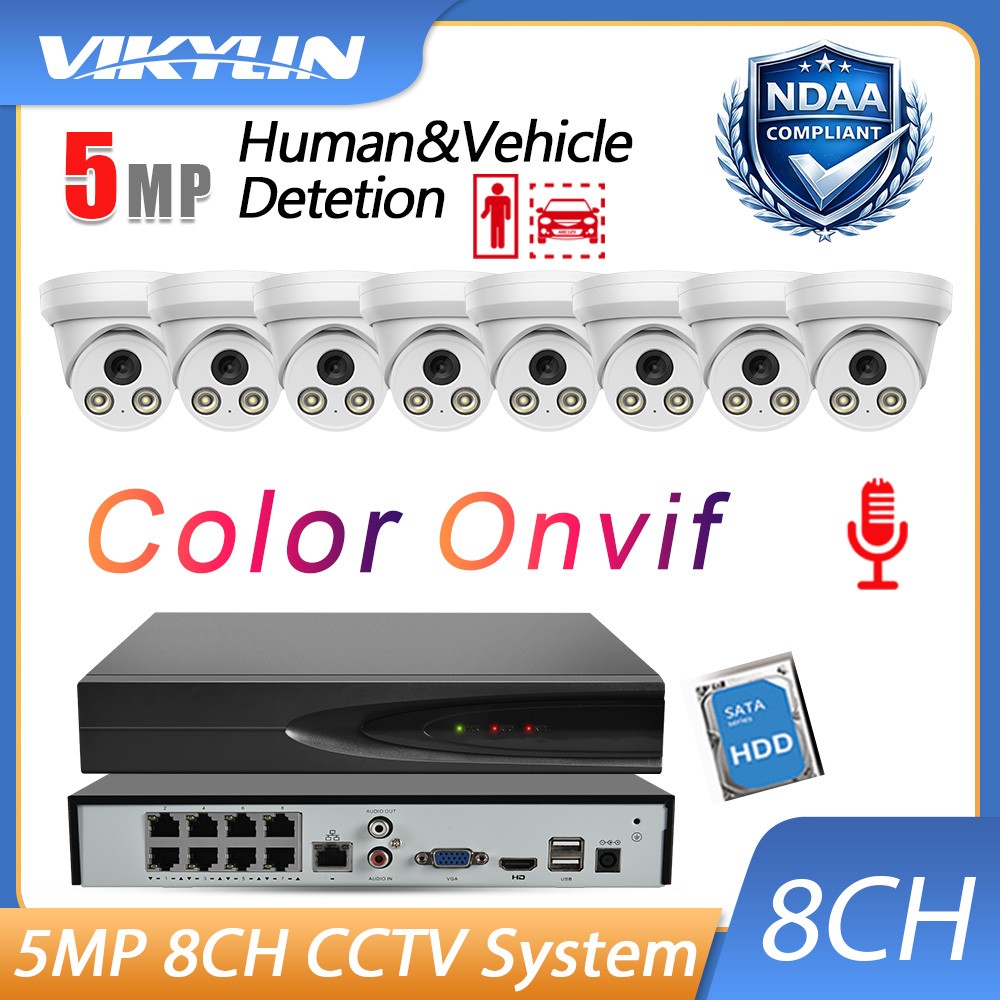 Vikylin 8CH 8POE NVR 5MP Color MIC Security IP Camera Surveillance System Lot