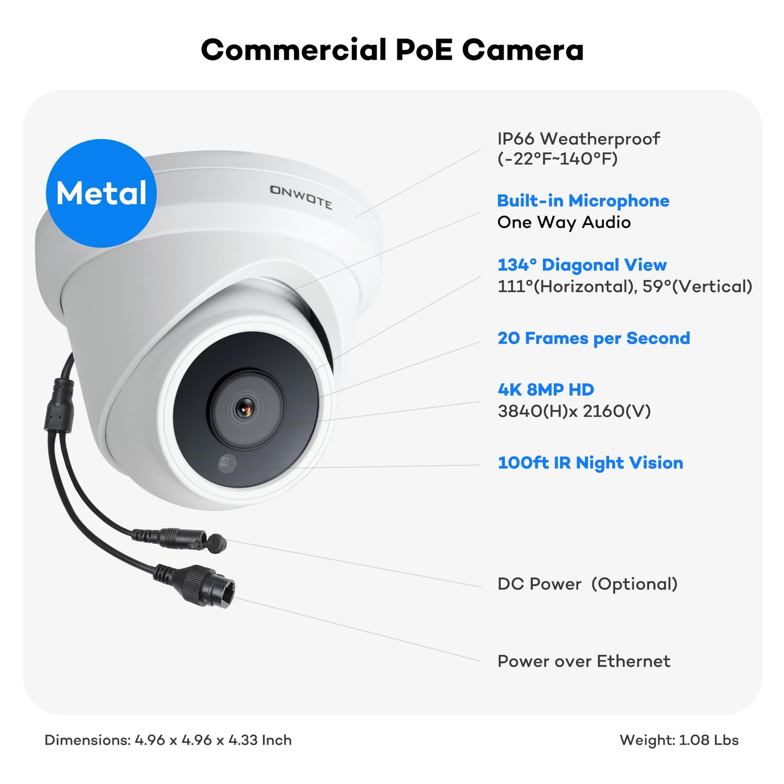 ONWOTE 4K 8MP PoE IP Security Camera, AI Human Vehicle Detection, 3840×2160 8…