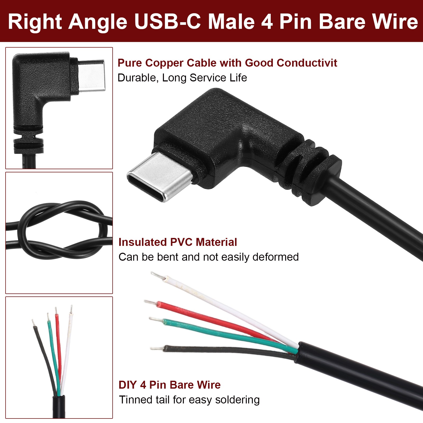0.25M/0.8Ft Right Angle Type C Male Plug Wire Cable, 28AWG 12V 3A 4 Pin 4 Pcs