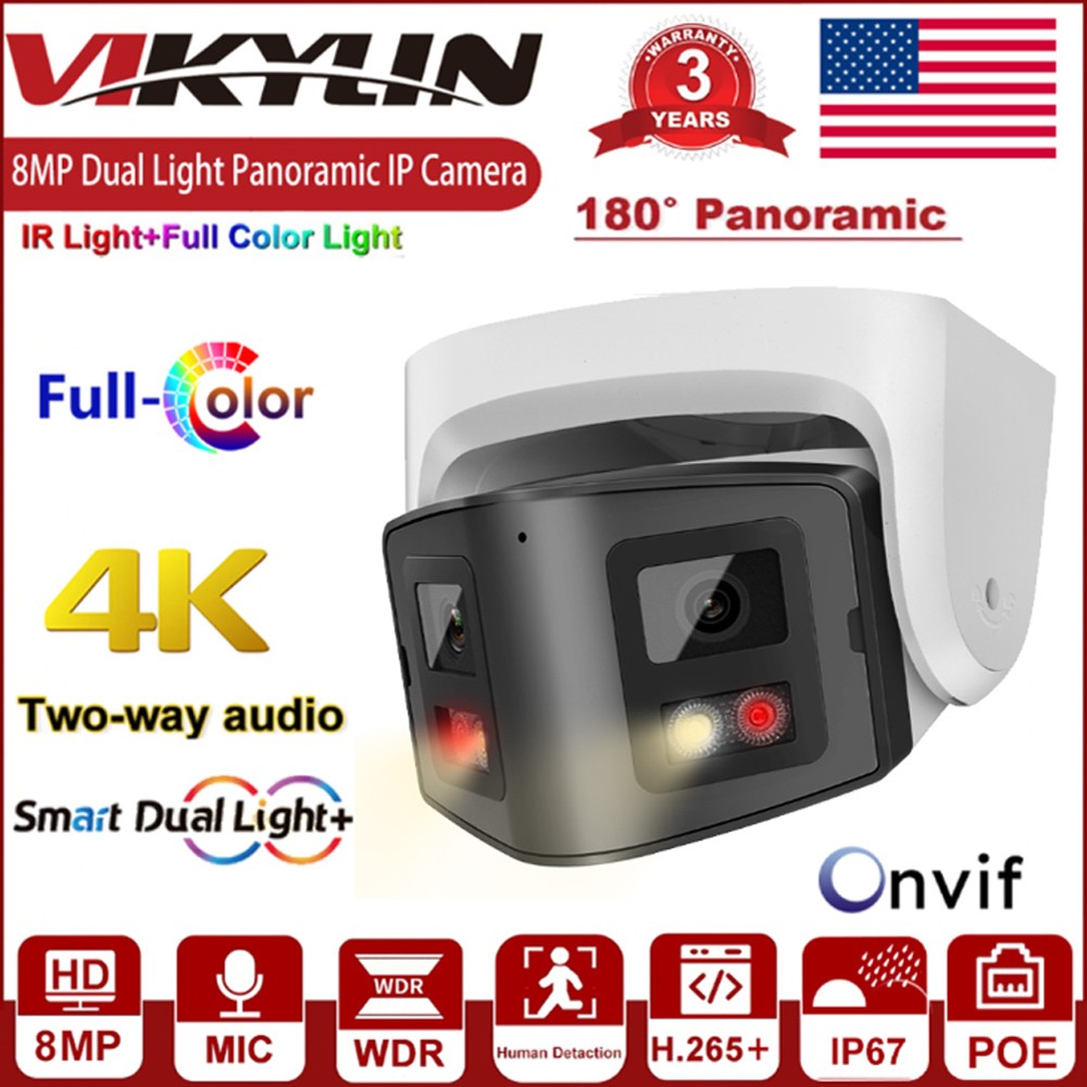Vikylin 8MP 4MP 180° Panoramic Dual Lens Full Color IP Camera POE Motion Detect