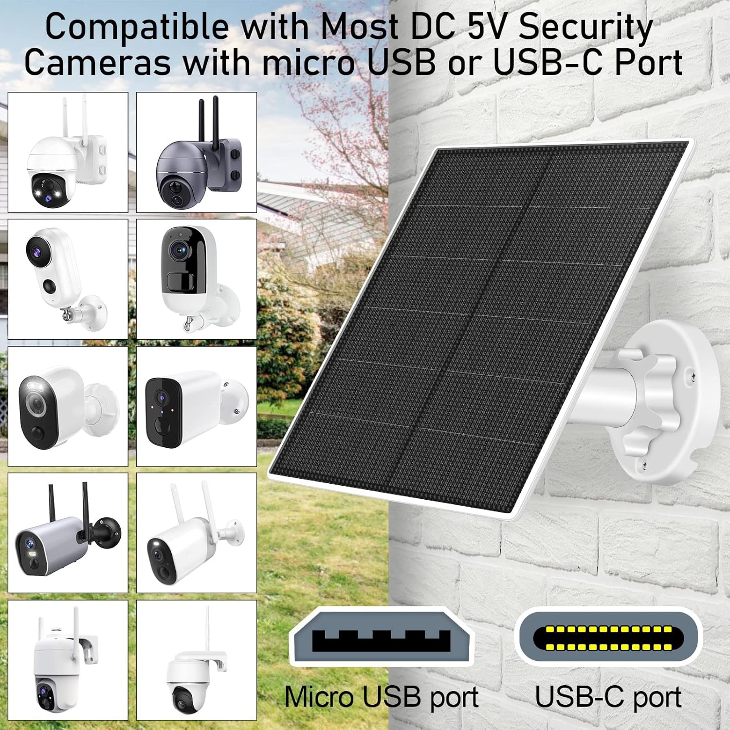 10W Waterproof Solar Panel for Micro USB & USB-C Port Security Camera 3m Cable