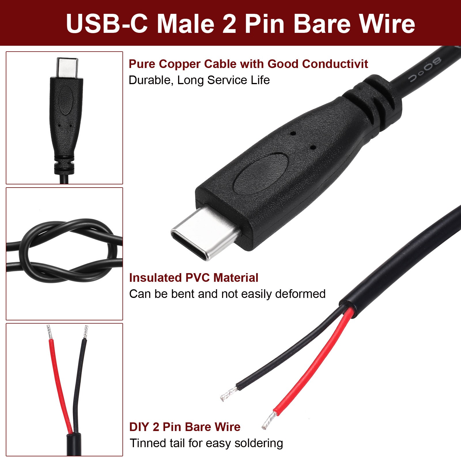 0.25M/0.8Ft USB C Male Plug Bare Wire Cable 22AWG 12V 3A 2 Pin 2Pcs