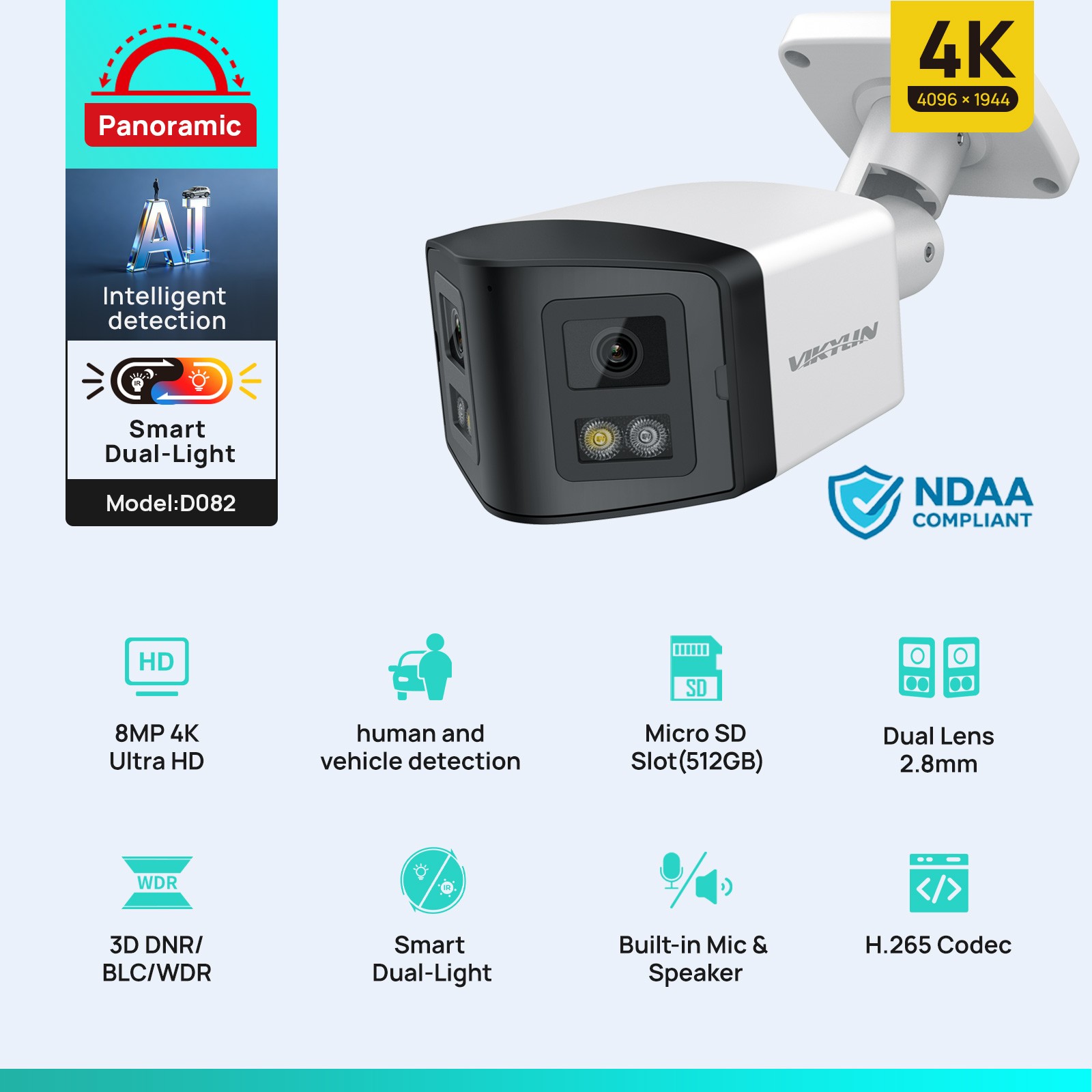 VIKYLIN CCTV Dual Light Color+IR 180°View Wide Angle 8MP 4K POE Camera MD Onvif