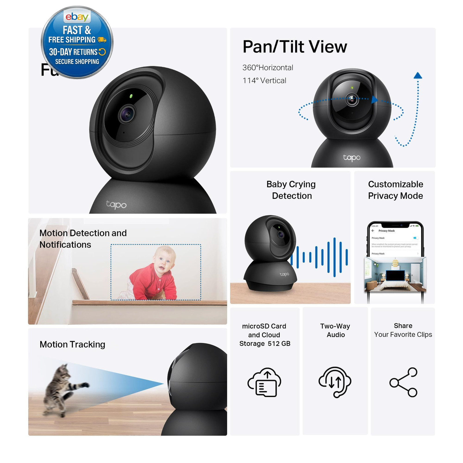 1080p Pan/Tilt Security Camera for Baby Monitor, Pet Camera, C201 Black
