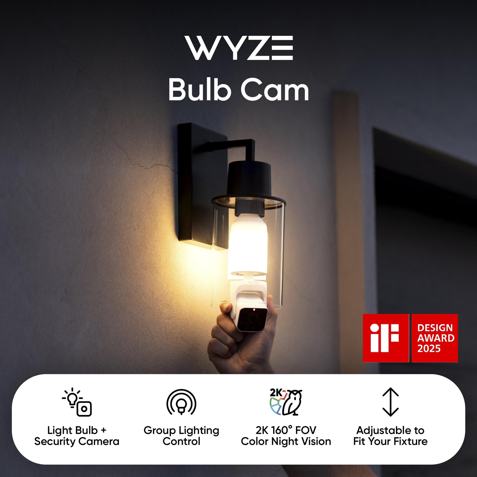 WYZE Bulb Cam Security Camera, 2K HD Outdoor Light Bulb Camera, Color Night V…
