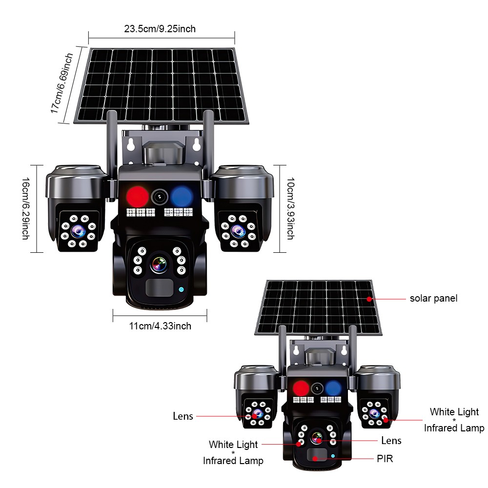 9MP WiFi Solar Security Camera 360° 4K Wireless 3Lens-PTZ Surveillance Camera