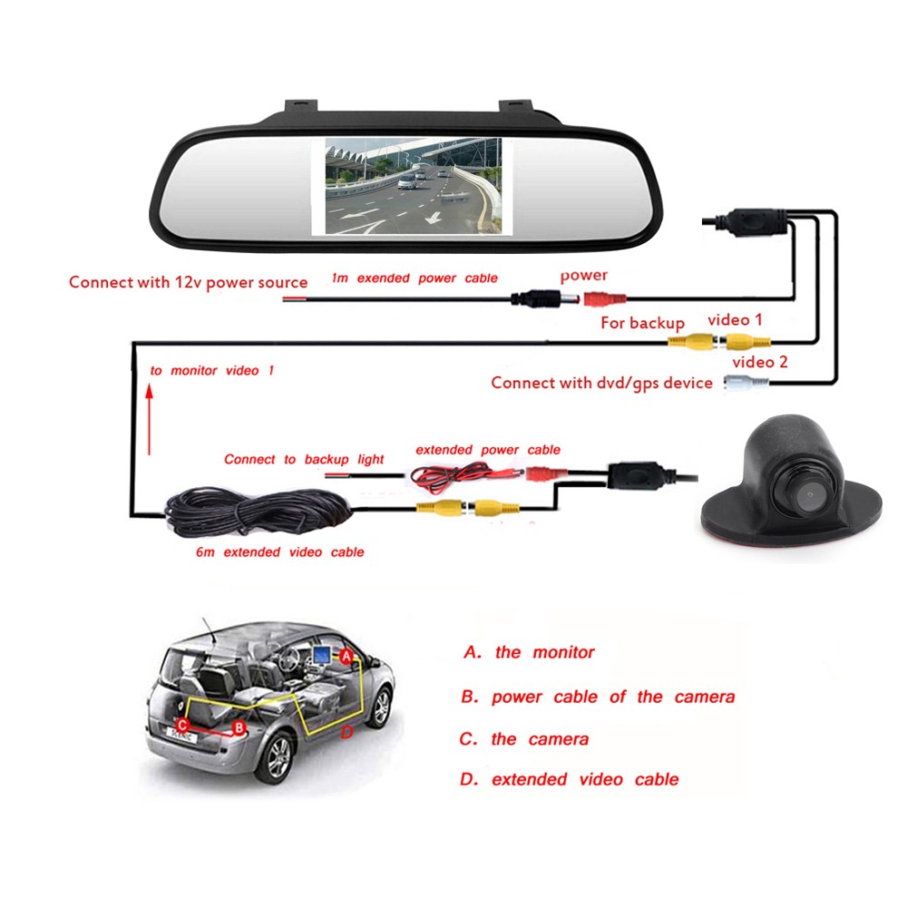 Side View 360° Car Rear View Parking Camera + TFT-LCD Color 4.3″ Monitor Kit