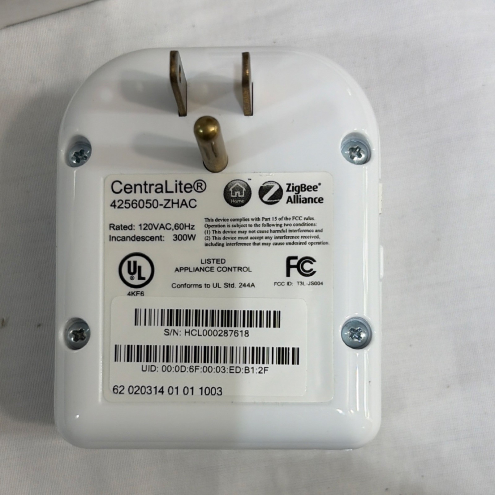 Centralite ZigBee HA Lamp Module Smart Plug Type B 120V White Status LED