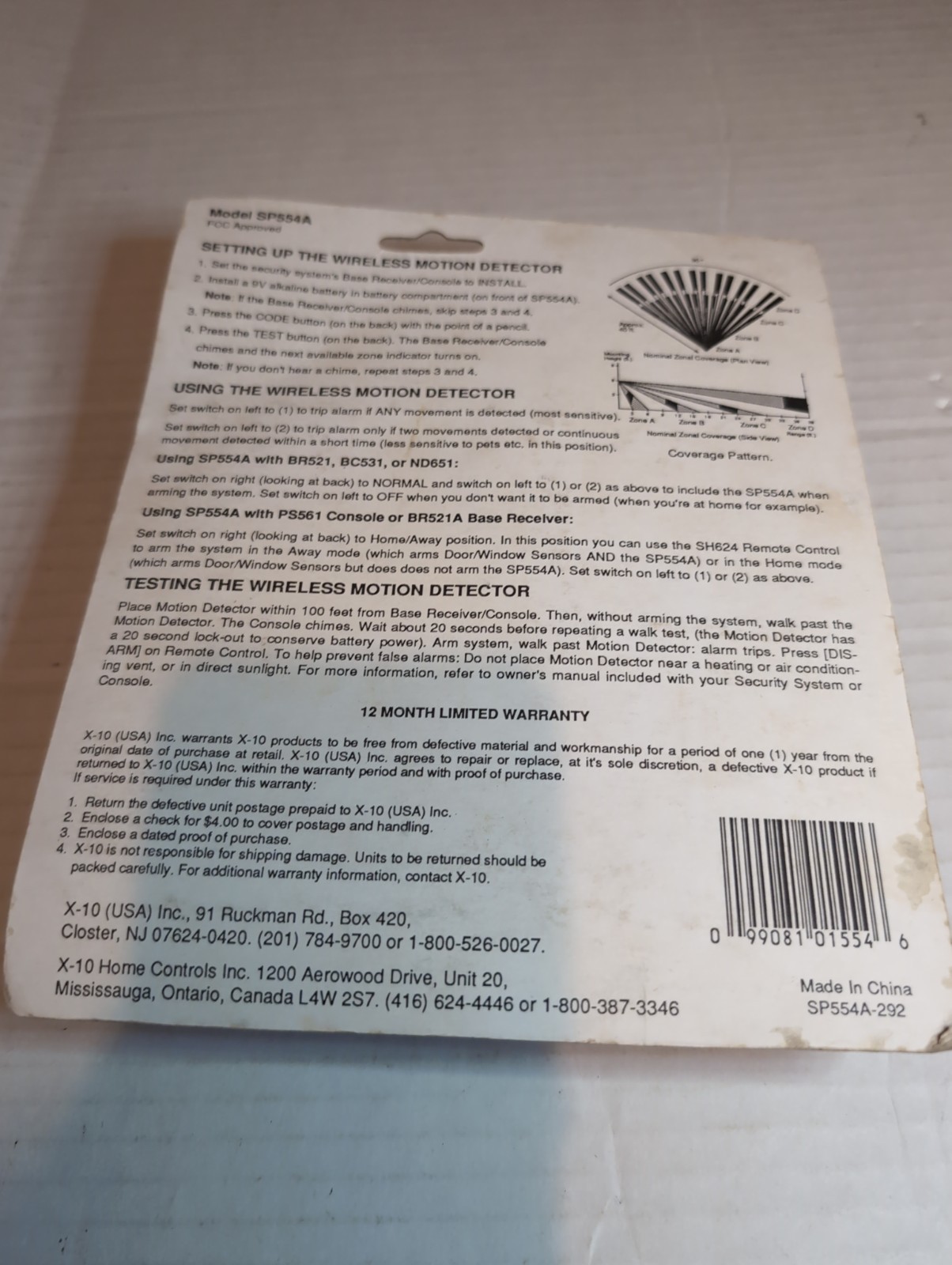 Powerhouse X-10 SP554A Home Security Wireless Passive Infrared Motion Detector