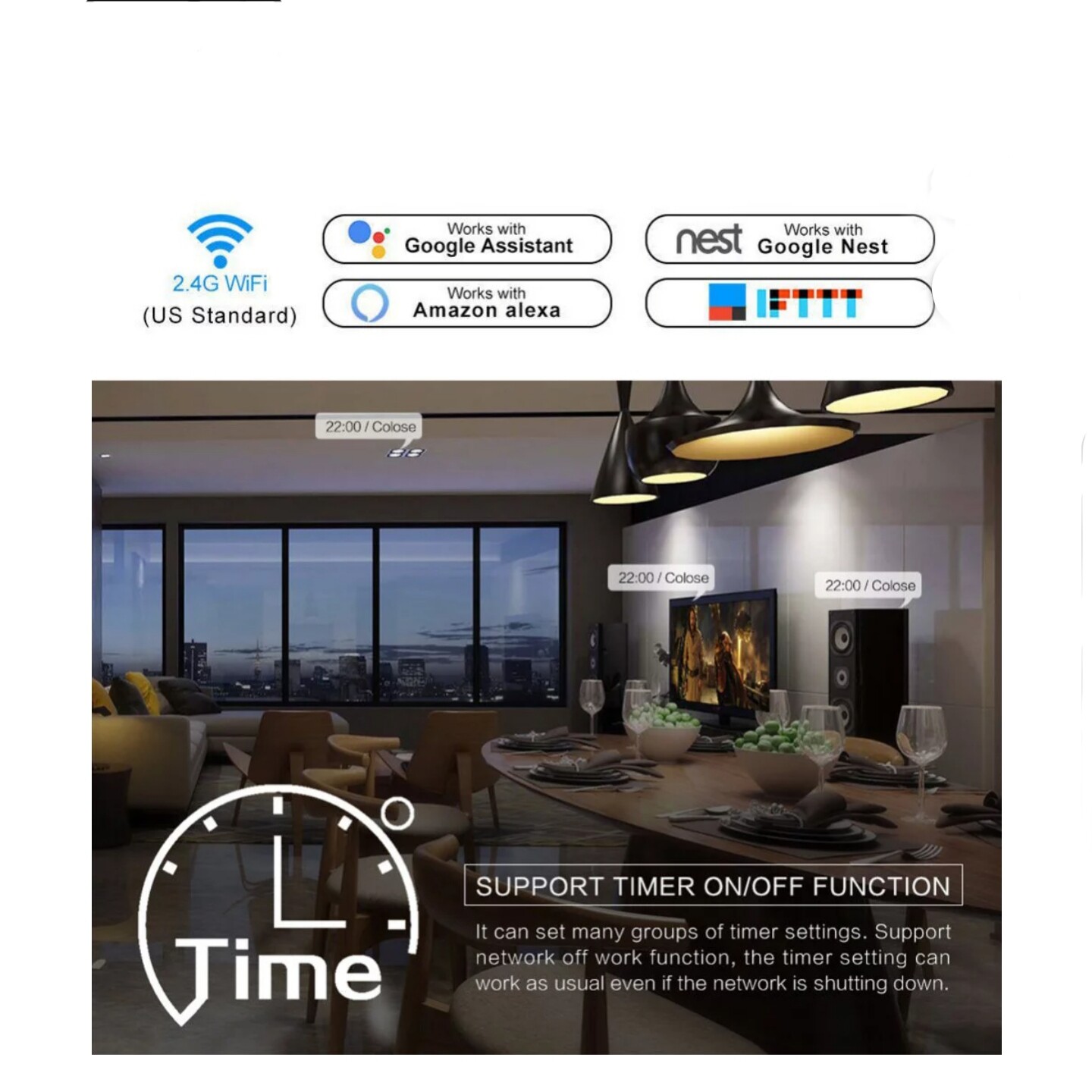 2.4GHz WiFi Wall Touch Smart Light Switch, Glass Panel, Remote Control