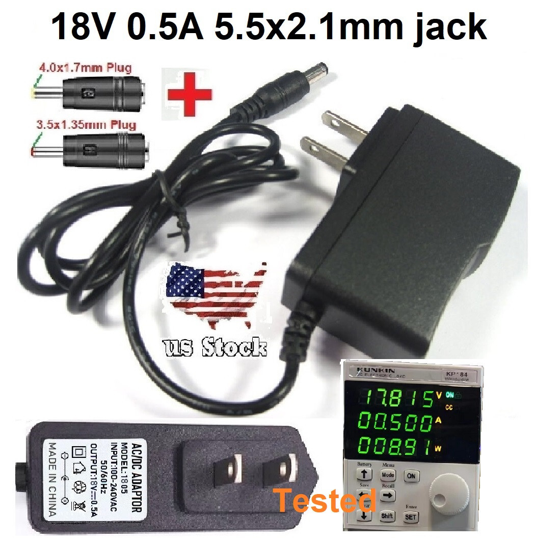Tested 18V 0.5A AC/DC110-240V Converter Adapter Wall Charger Power Supply+2 Plug