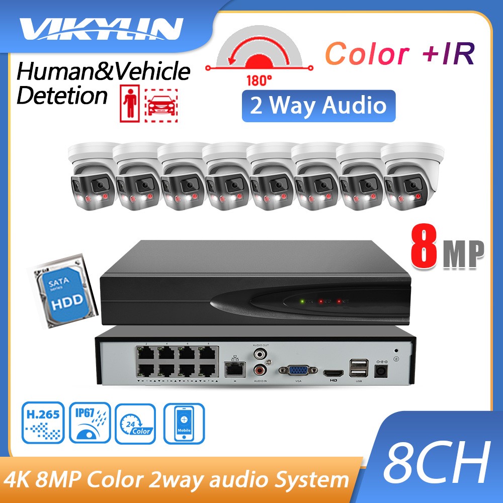 VIKYLIN 4K 8MP 180° Angle IR Color IP Camera Dual lens 8CH 8POE NVR System Lot