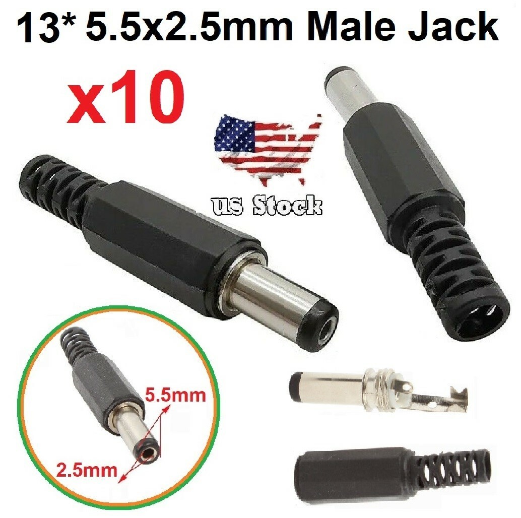 10 pcs 13mm* 2.5mm x 5.5mm Male DC Power Plug Socket Jack Connector Adapter