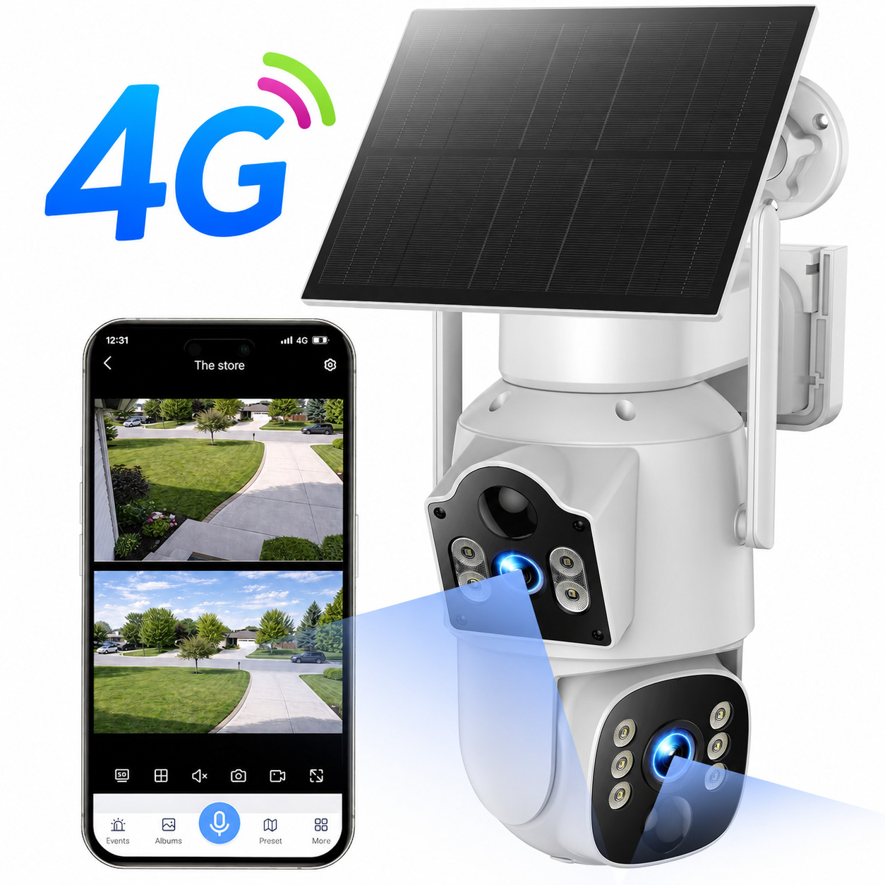Dual Lens 4G LTE Security Camera Solar Powered Dual PIR Sensors Night Vision PTZ