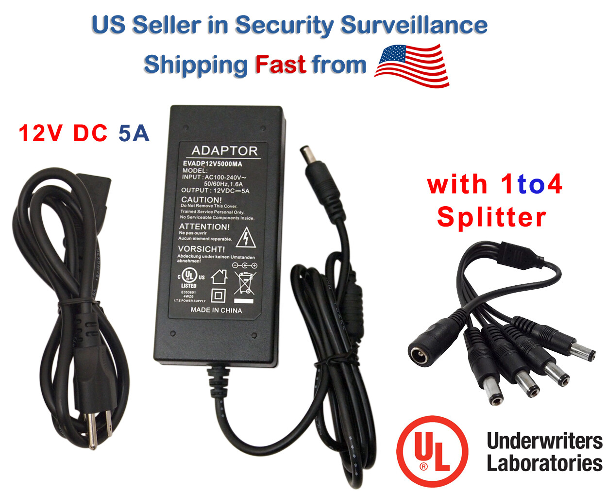 CCTV Security Camera 12V DC 5A Amper Power Supply Adapter and 1 to 4 Splitter