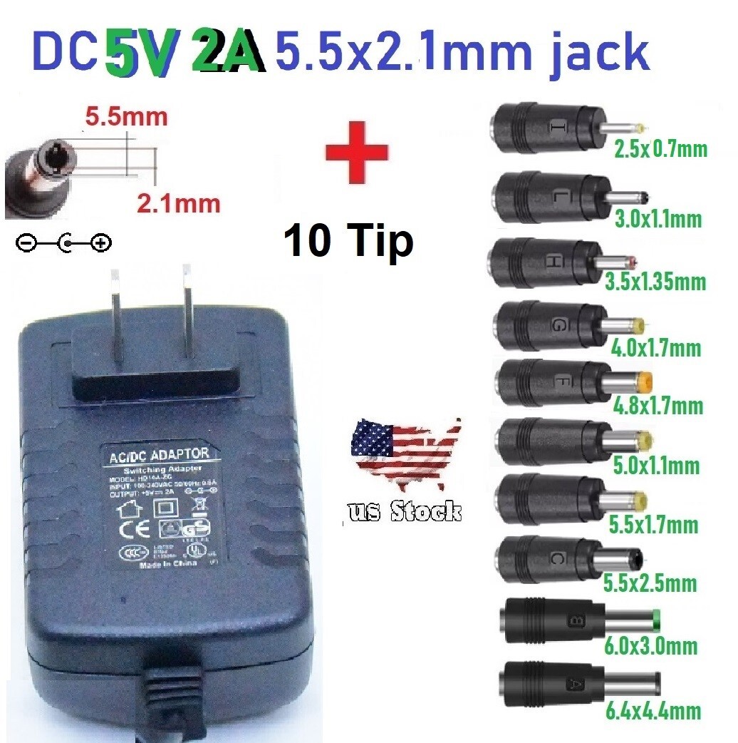 AC 100-240V to DC 5V 2A Power Supply Adapter Charger with10 Sizes DC Plug Tips