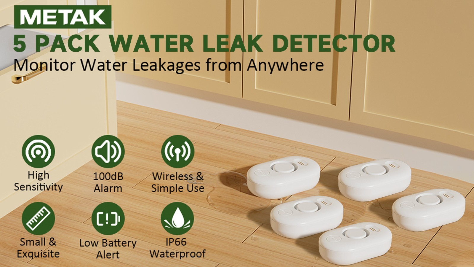Water Leak Detectors 5 Pack 100dB Flood Alarm for Basement Pipe Drain Sink
