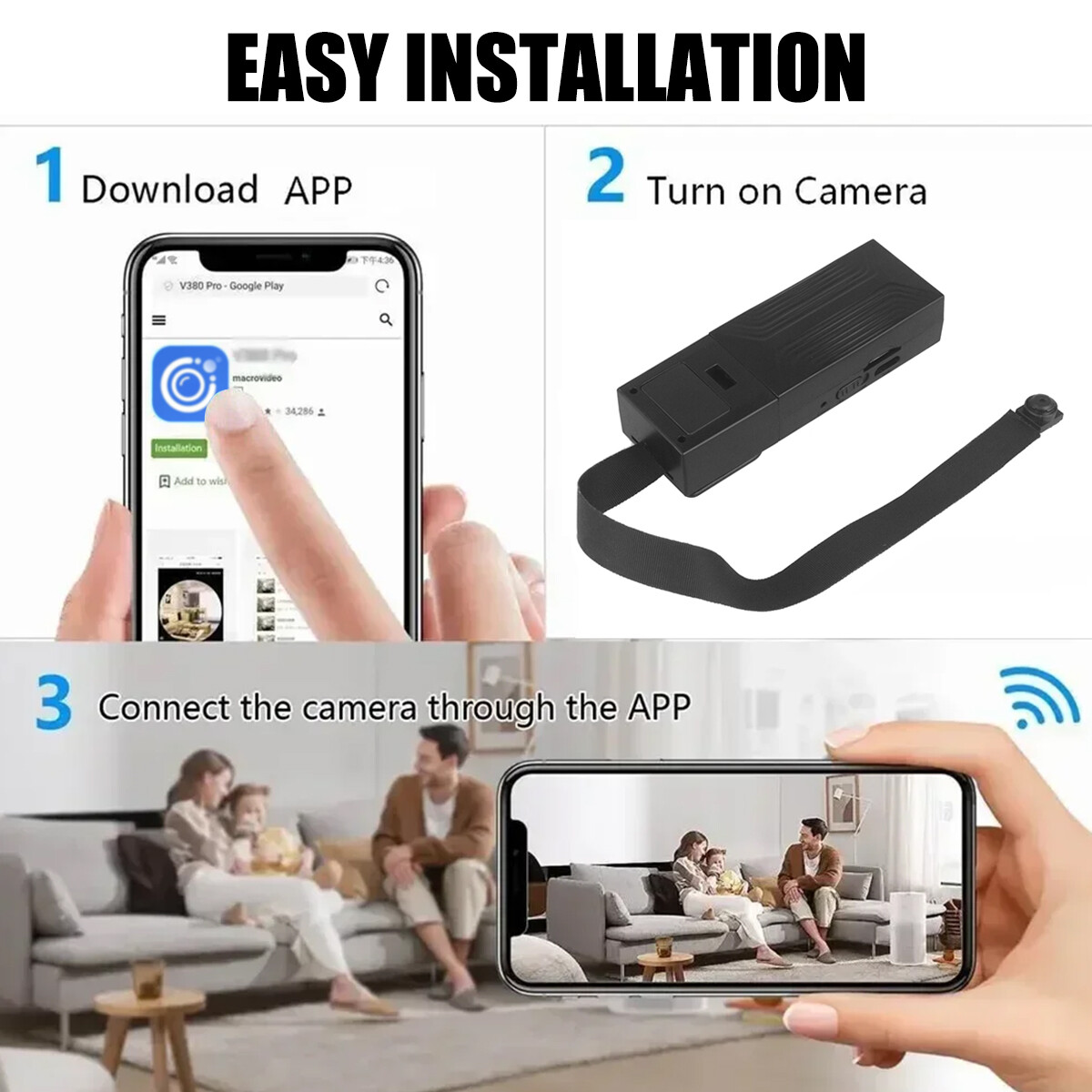 4K Mini Security Camera with Motion Alert WiFi APP Control DIY Adhesive Mount