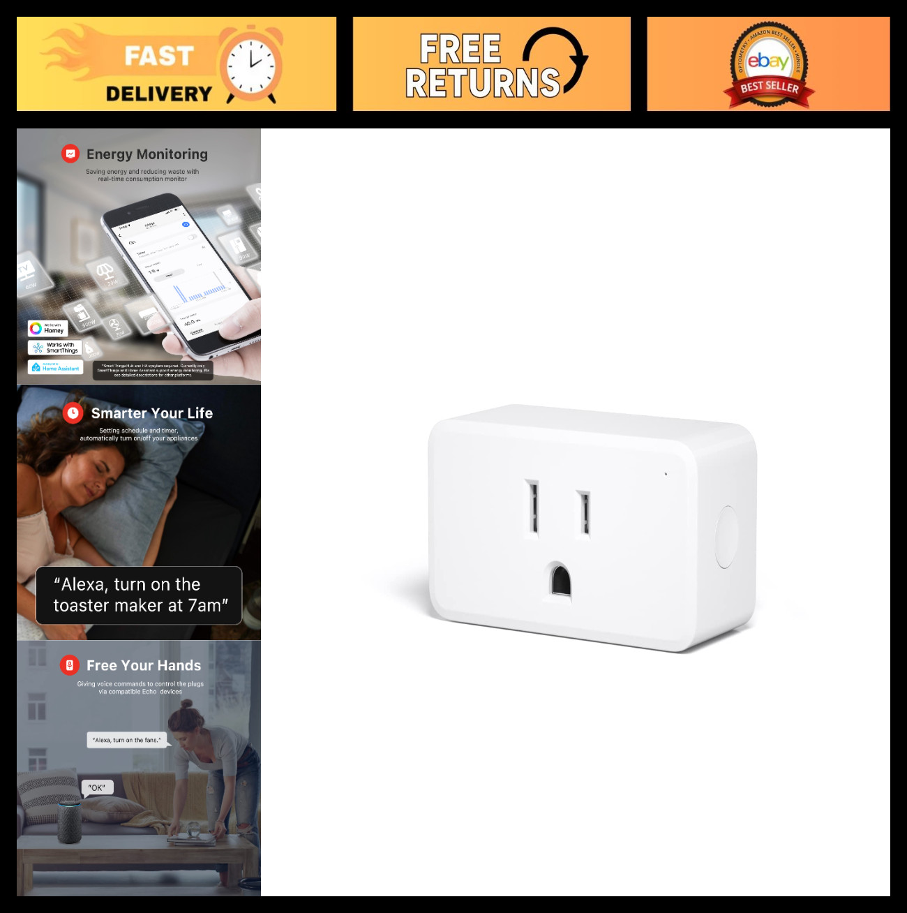 Zigbee Smart Plug with Power Monitoring, 15A Outlet, ETL Certified, Hub Required