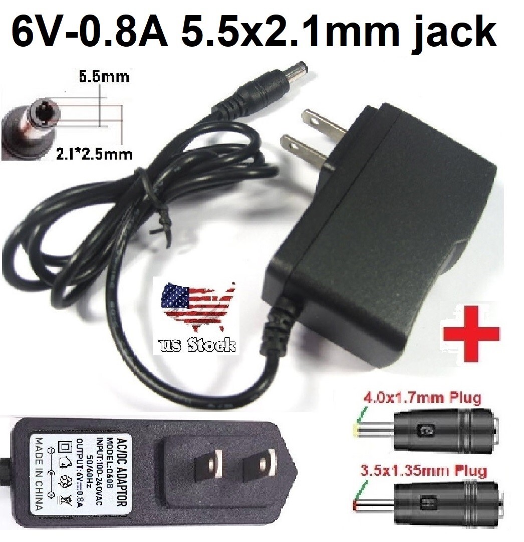 6V 0.8A AC/DC Adapter Power Supply Charger with 5.5×2.1mm +2 DC Power Plug Tips