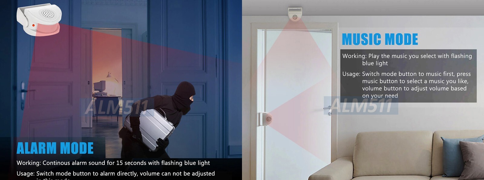 Mini Motion Sensor Alarm Door Chime For Entrance Alert DC Or Battery Operated