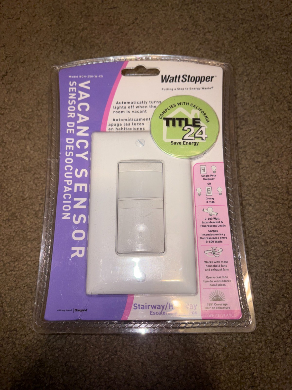 NEW Wattstopper Vacancy Sensor Switch CH-250-W-CS, 0-600W White – Free Shipping