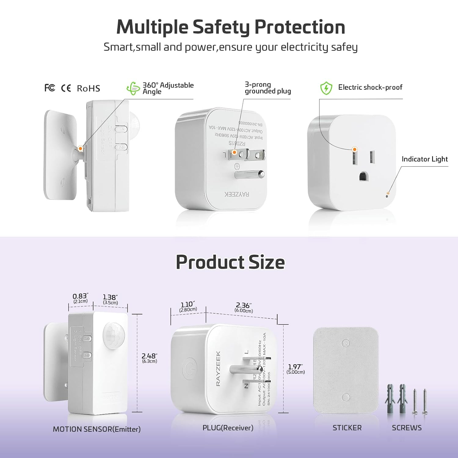Wireless Motion Sensor Plug Kits,No-Wire Mini PIR Sensor Switch Control Plug to
