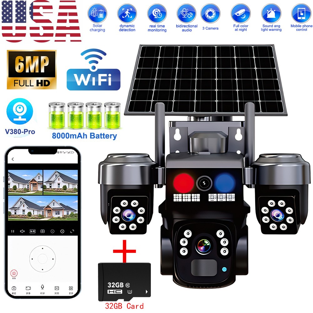 6MP Solar Battery Powered Wireless Security Camera System Outdoor Home Wifi USA