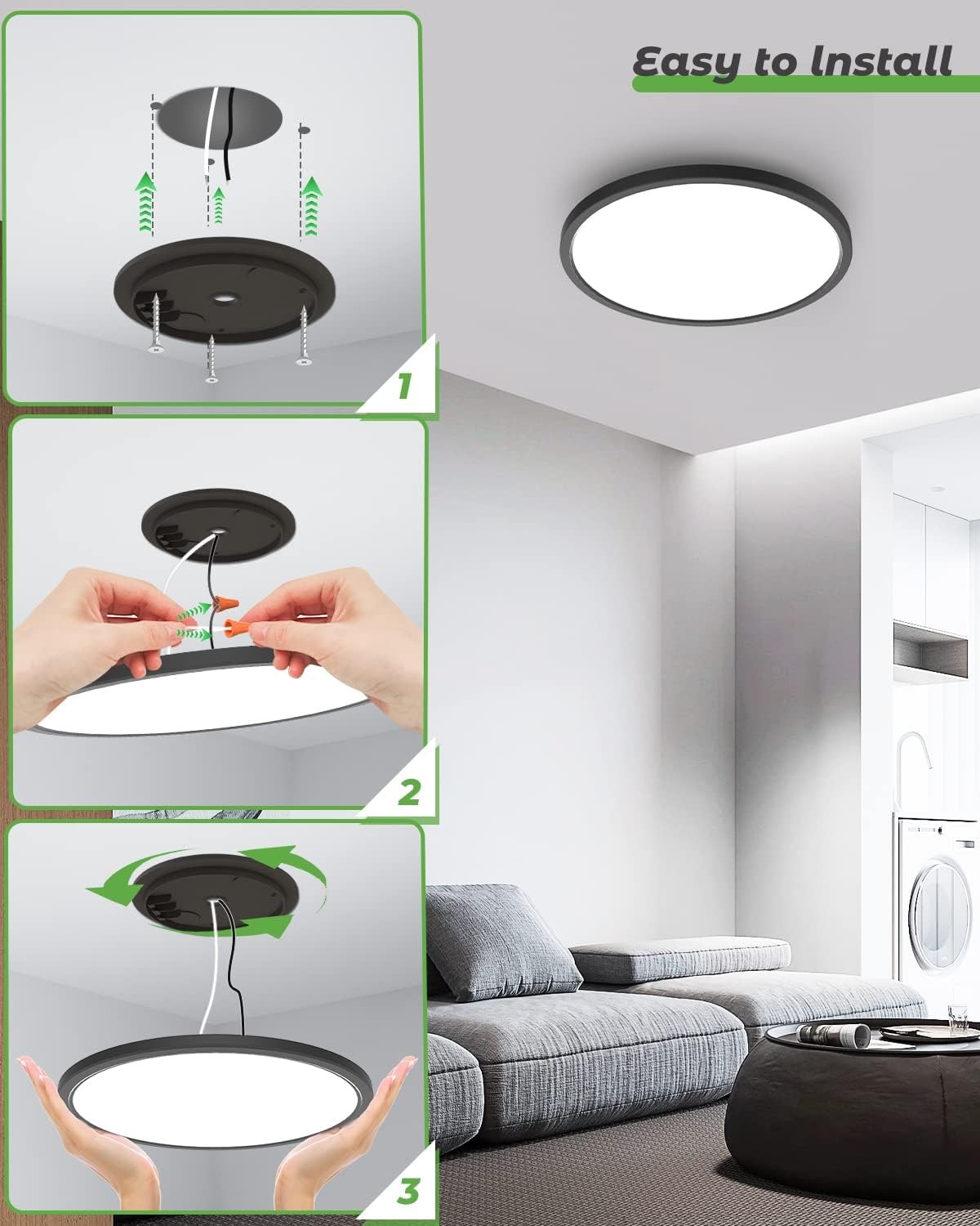 Zemty 2Pack 16.5 Inch LED Flush Mount Light, 36W 4200lm 16.5in-2Pack, Black