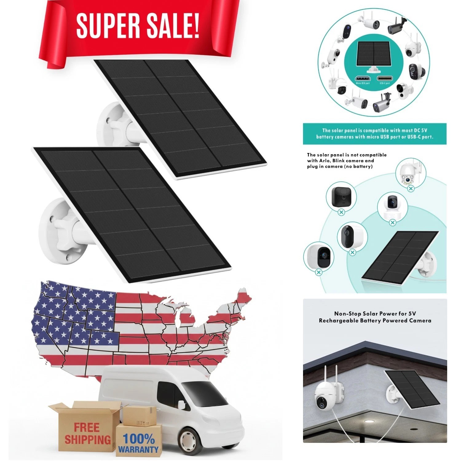 2 Pack 5W USB Solar Panel for Outdoor Cameras – Waterproof & Easy Installation