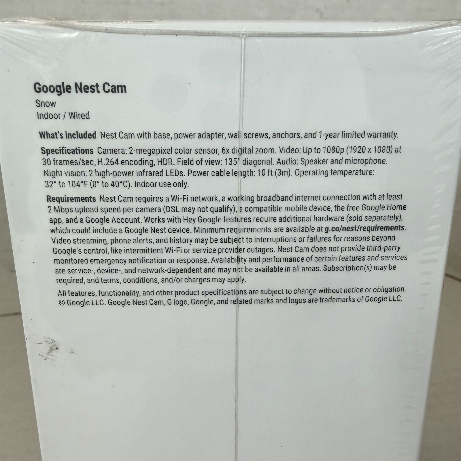 Google Nest Cam Indoor Wired 2nd Gen Snow1080p HDR Night Vision GA01998 Sealed