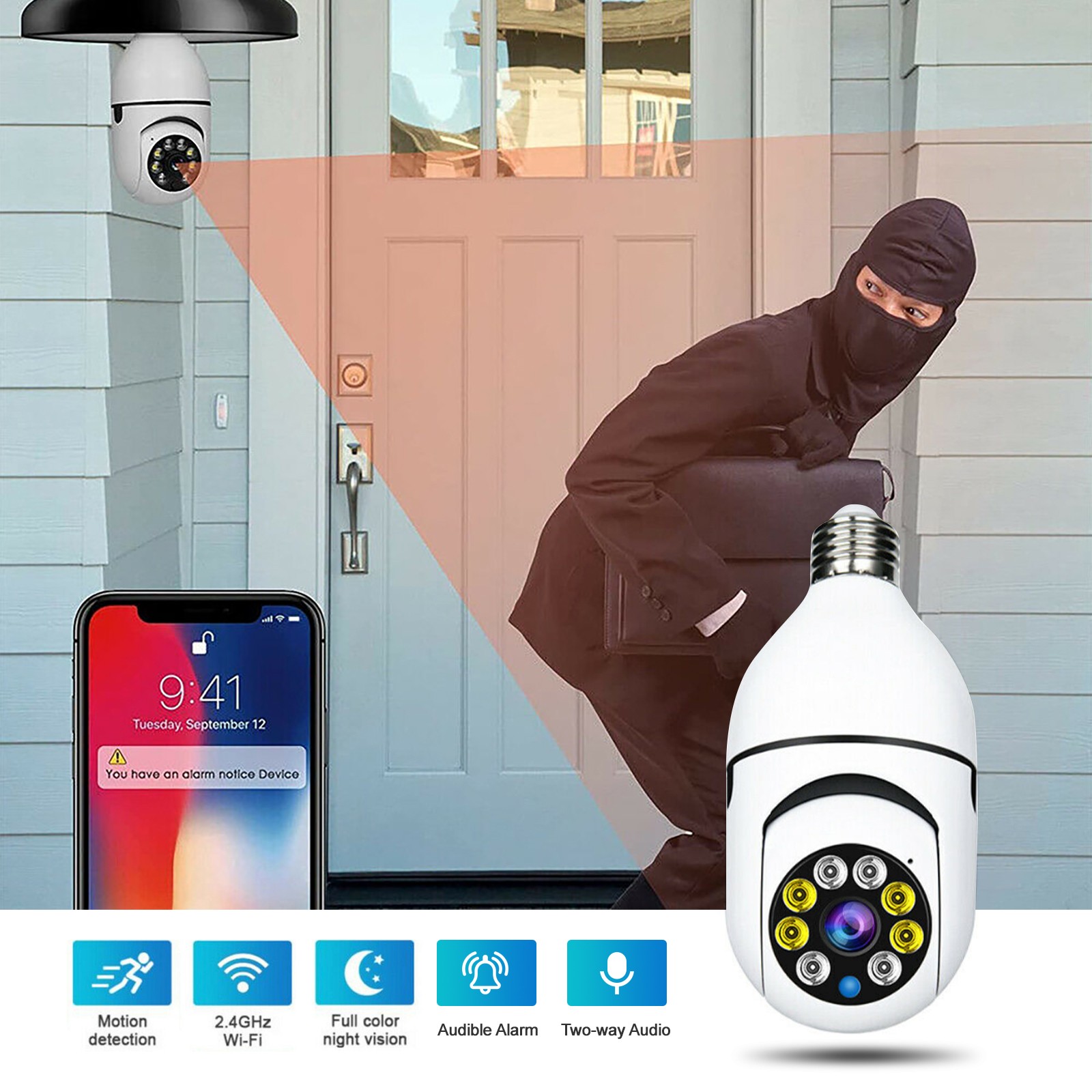 360° 1080P IP E27 Light Bulb Camera Wi-Fi IR Night Smart Home Wireless Security