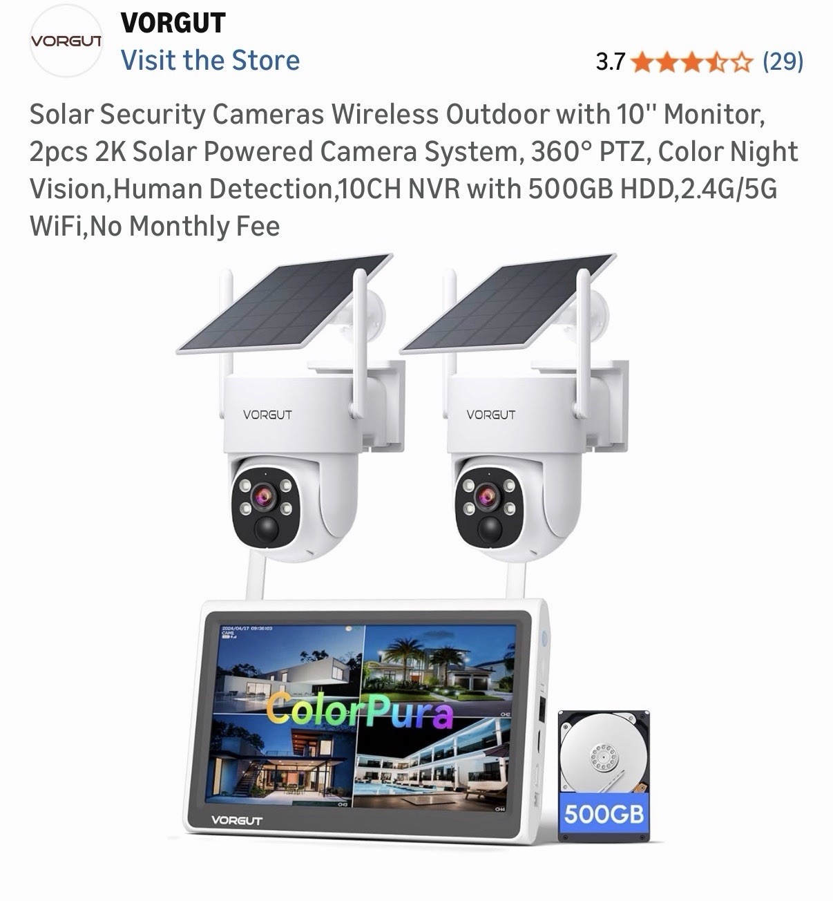 2K Solar Security Camera System, 10″ Monitor, 500GB HDD, 360° PTZ, 2.4/5G WiFi