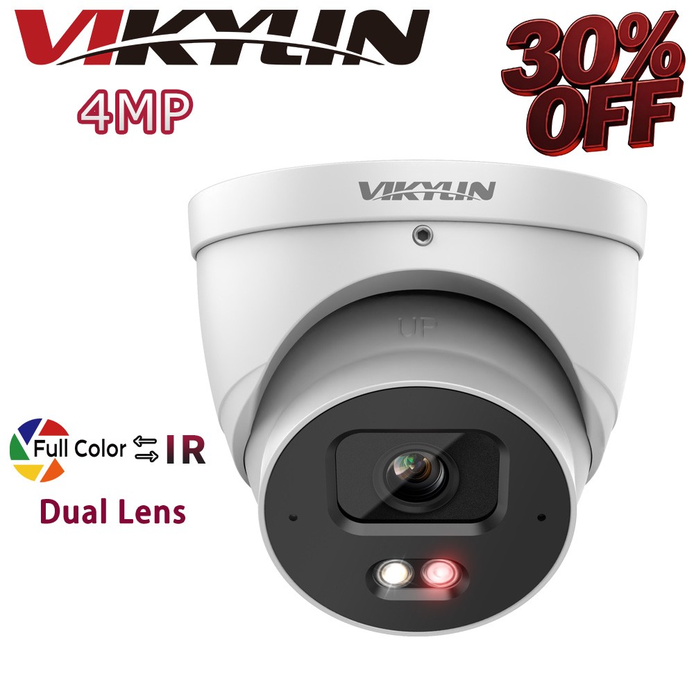 Vikylin Dual light Color+IR Ethernet Viewer Turret 4MP POE Camera MIC Onvif CCTV