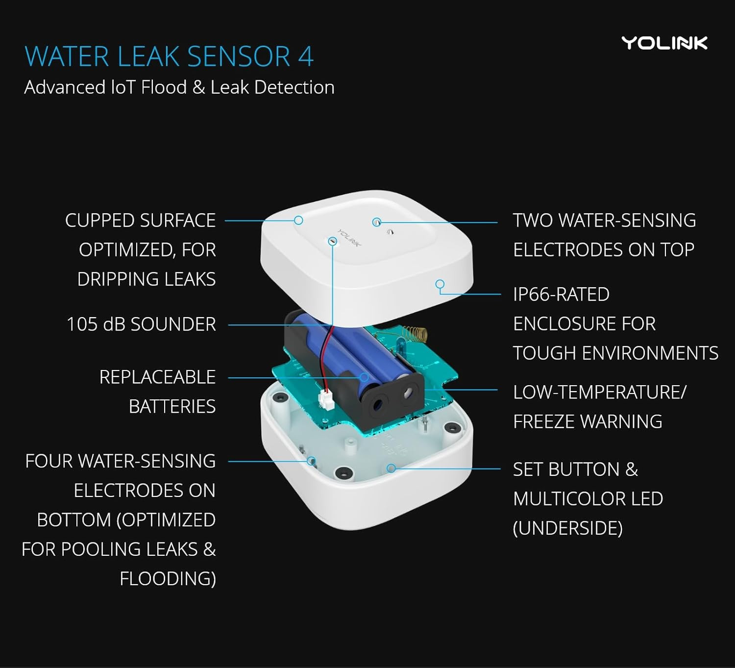 Water Leak Detector 4 with 105Db Audio Alarm, Freeze Warning, App Push, Email Al