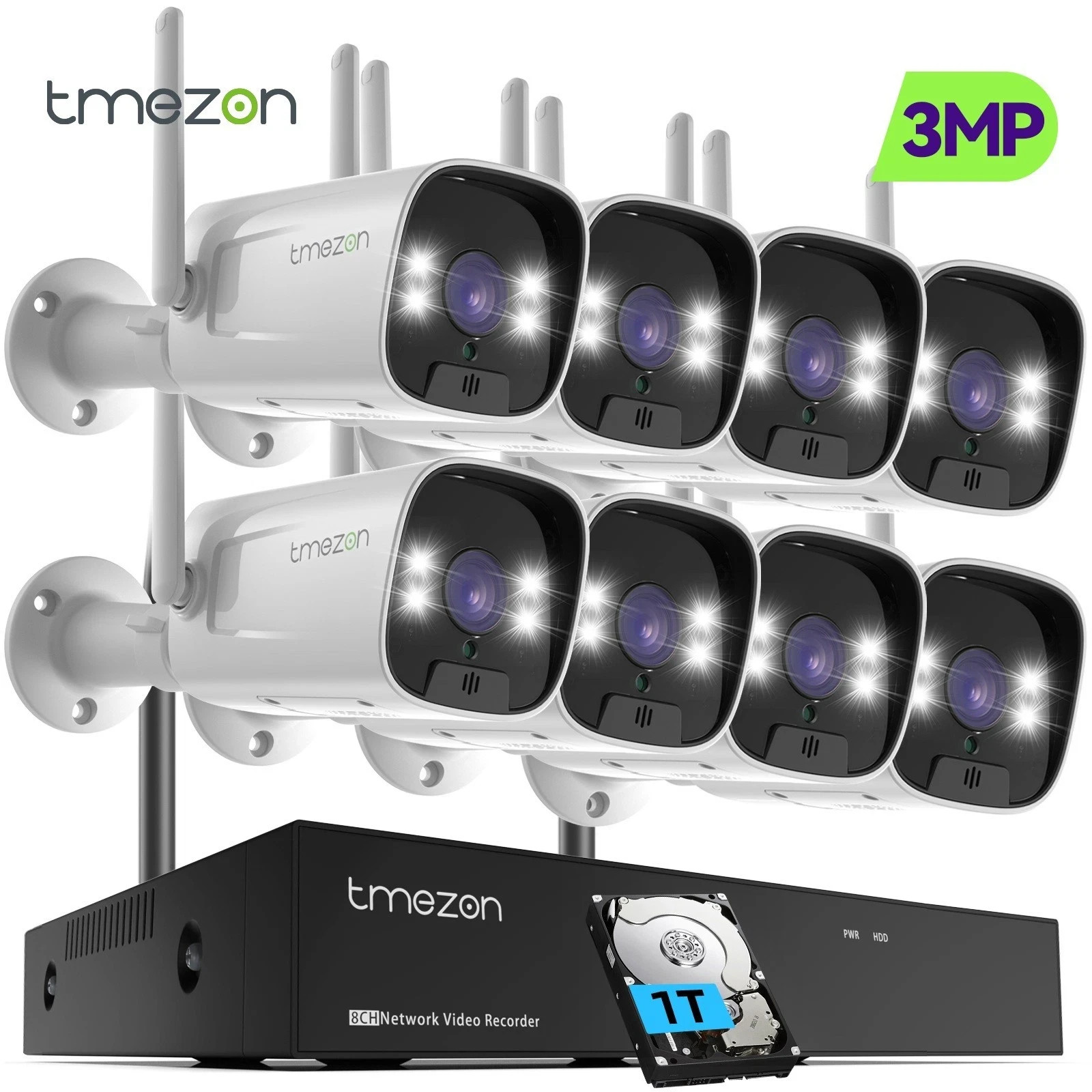 TMEZON Wireless Home Camera System HDD Outdoor 3MP NVR 2-Way Audio Home