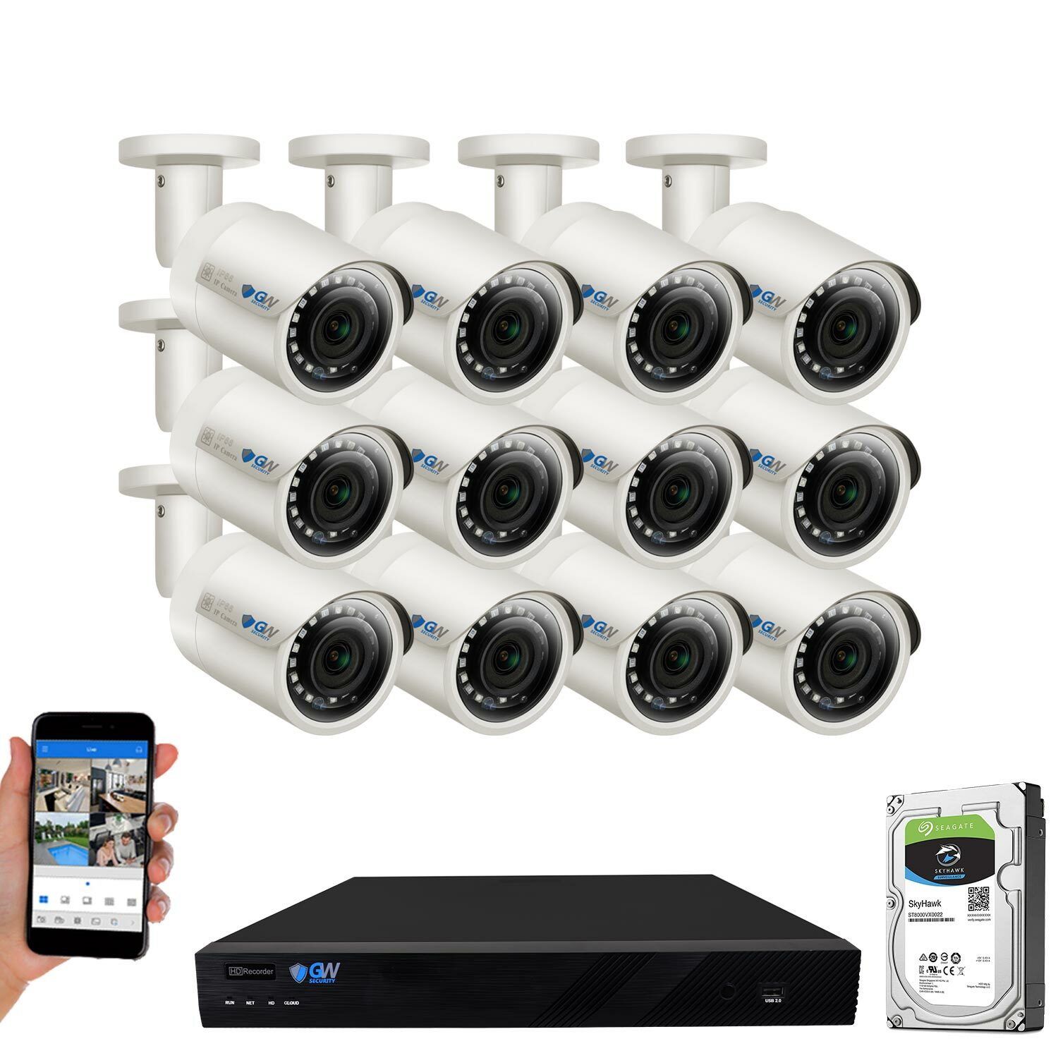 16 Channel 4K NVR 12 5MP 1920P PoE IP Camera Outdoor Microphone Security System