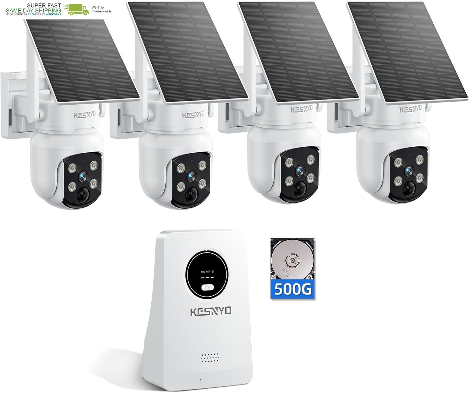 4MP Solar Powered, 4 Cam Kit, Color Night Vision, 360° PTZ, 500G HDD Local Reco
