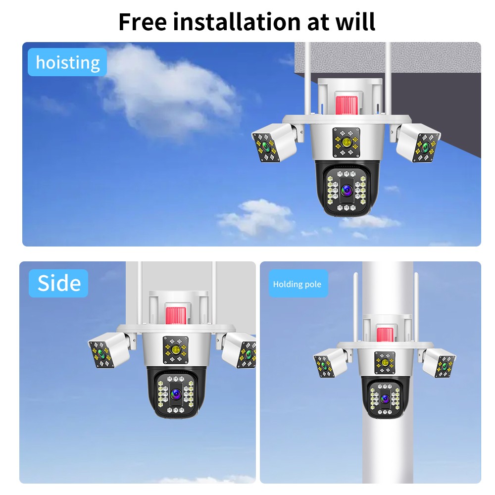 3 Lens HD 12MP WiFi IP Camera Wireless Outdoor CCTV PTZ Home Security IR Cam