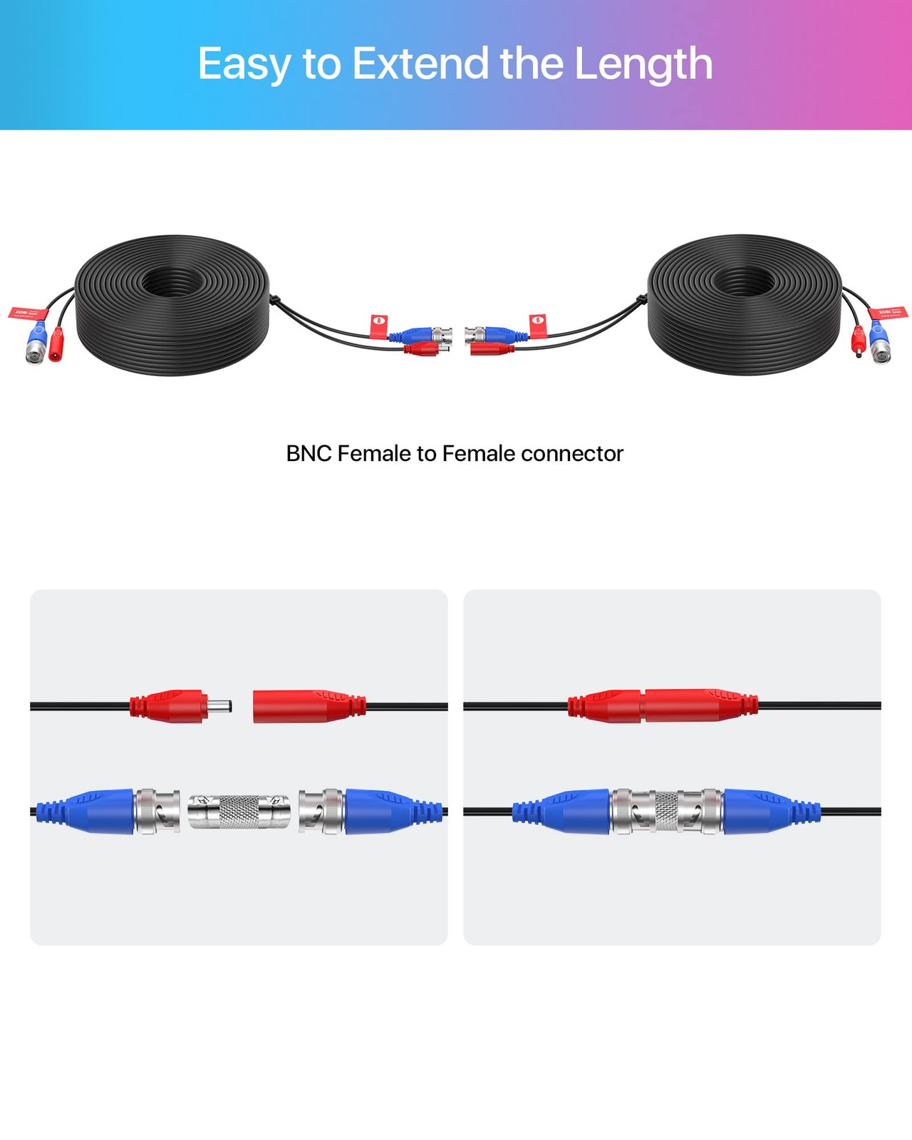 4 Pack 100ft 30 Meters 2-in-1 Video Power Cable BNC Extension Surveillance