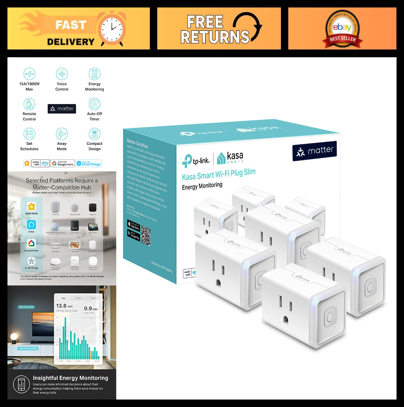 Smart Plug with Energy Monitoring, Compact Design, 15A/1800W, Easy Setup, Works